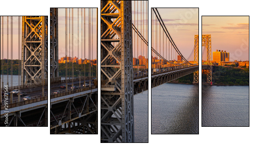 The George Washington Bridge (long-span suspension bridge) across the Hudson River at sunset. Uptown and Fort Washington Park, New York City, USA - Five-piece canvas, Pentaptych