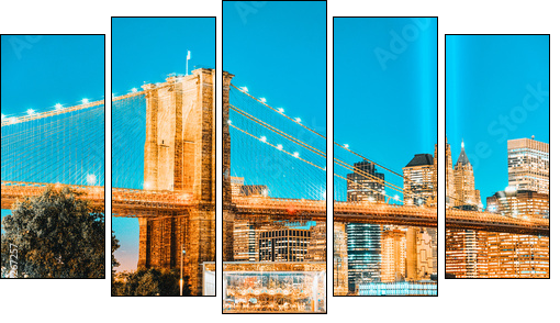 New York night view of the Lower Manhattan and the Brooklyn Bridge across the East River. - Five-piece canvas, Pentaptych