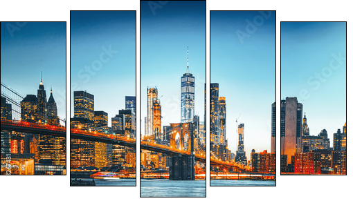 New York night view of the Lower Manhattan and the Brooklyn Bridge across the East River. - Five-piece canvas, Pentaptych