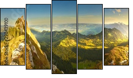 Great panoramic view of morning mountains in Switzerland with Lake Zürich and many tops in autumn - Five-piece canvas, Pentaptych