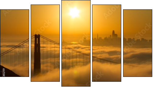 Spectacular Golden Gate Bridge sunrise with low fog and city view - Five-piece canvas, Pentaptych
