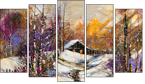 Rural winter landscape - Five-piece canvas, Pentaptych