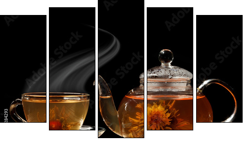 Glass teapot and a cup of green tea on a black background - Five-piece canvas, Pentaptych