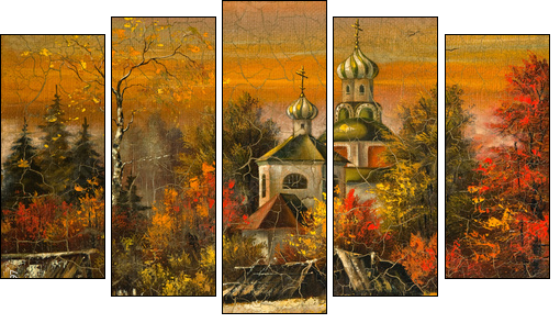Ancient picture. Church in village - Five-piece canvas, Pentaptych