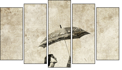 Girl with umbrella on bike. Photo in old image style. - Five-piece canvas, Pentaptych