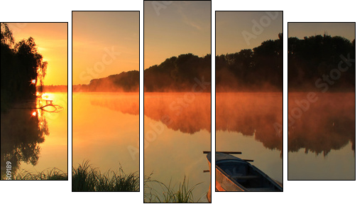 Boat on the shore of a misty lake - Five-piece canvas, Pentaptych