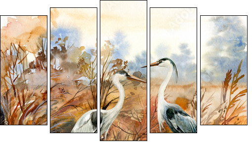 autumn landscape with birds  crane, watercolor illustration - Five-piece canvas, Pentaptych