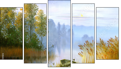 Wooden boat ashore - Five-piece canvas, Pentaptych