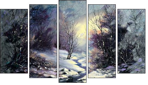Landscape with winter wood small river - Five-piece canvas, Pentaptych