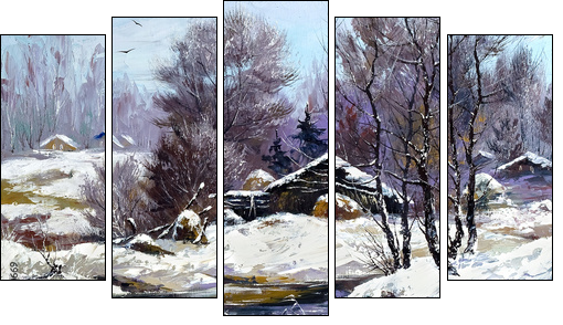 Small house in winter village - Five-piece canvas, Pentaptych