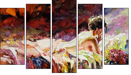 The naked girl laying on a bed - Five-piece canvas, Pentaptych
