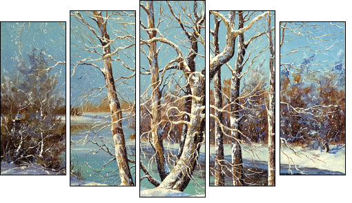 Winter landscape on the bank of the river - Five-piece canvas, Pentaptych