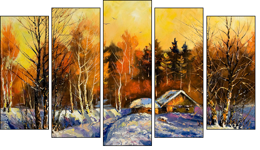 Evening in winter village - Five-piece canvas, Pentaptych