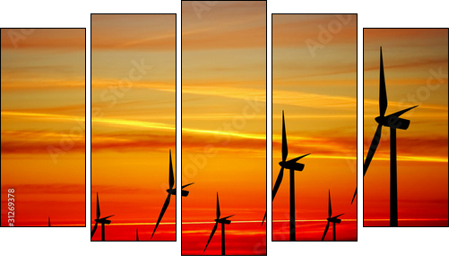 Wind turbines farm at sunset - Five-piece canvas, Pentaptych