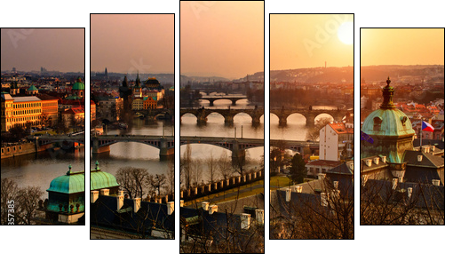 Panoramic view on Charles bridge and sunset Prague lights. - Five-piece canvas, Pentaptych