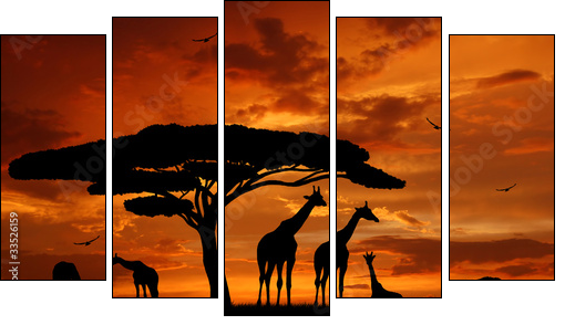 herd of giraffes in the setting sun - Five-piece canvas, Pentaptych