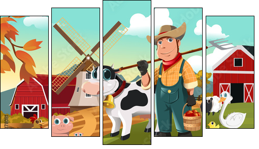 Farmer at the farm with animals - Five-piece canvas, Pentaptych
