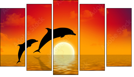illustration of two dolphins swimming in sunset - Five-piece canvas, Pentaptych