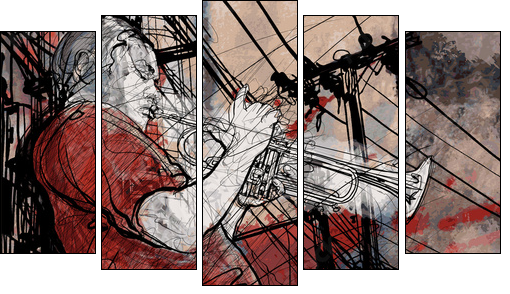 trumpeter on a grunge cityscape background - Five-piece canvas, Pentaptych