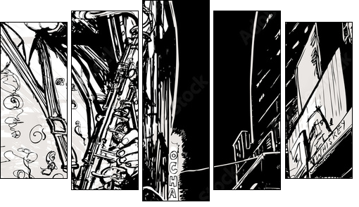 saxophonist playing saxophone in a street - Five-piece canvas, Pentaptych