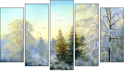 beautiful winter landscape, canvas, oil - Five-piece canvas, Pentaptych