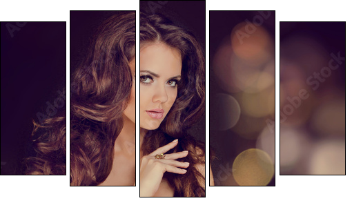 Fashion lady, sensual brunette woman with shiny curly silky hair - Five-piece canvas, Pentaptych