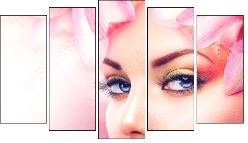 Beautiful Girl With Orchid Flowers. Beauty Woman Face - Five-piece canvas, Pentaptych