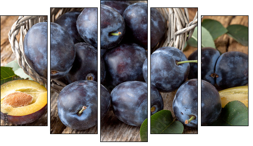 group of fresh plums on wood  background - Five-piece canvas, Pentaptych