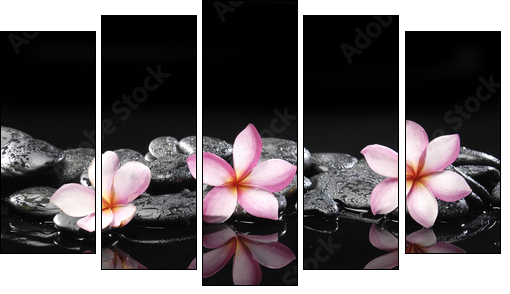 Set of three frangipani and black pebbles - Five-piece canvas, Pentaptych