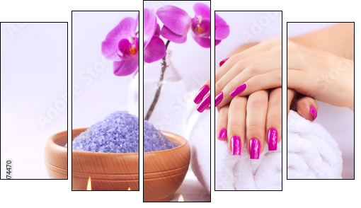female hands with fragrant orchid and towel. Spa - Five-piece canvas, Pentaptych