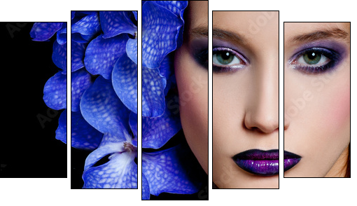 Fashionable beautiful woman with orchid in her hair - Five-piece canvas, Pentaptych