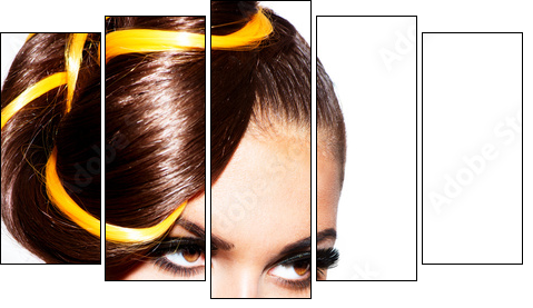 Fashion Model Girl Portrait with Yellow and Orange Makeup - Five-piece canvas, Pentaptych