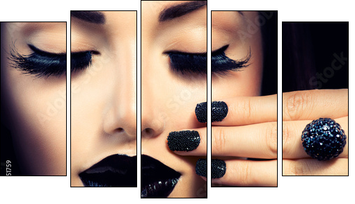 Beauty Fashion Girl with Trendy Caviar Black Manicure and Makeup - Five-piece canvas, Pentaptych