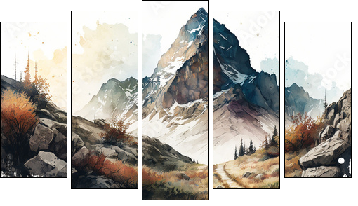 Beautiful landscape with snowy mountains painted in watercolors. AI Generative. - Five-piece canvas, Pentaptych
