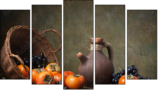 Still life with persimmons and grapes on the table - Five-piece canvas, Pentaptych