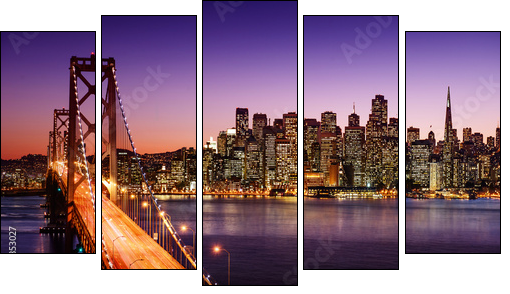 San Francisco skyline and Bay Bridge at sunset, California - Five-piece canvas, Pentaptych