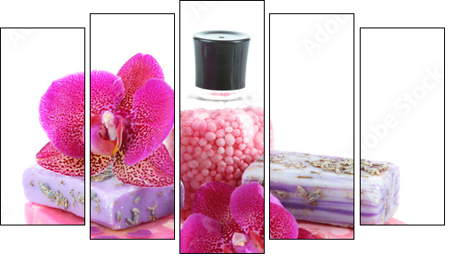 Sea salt, soap and orchid isolated on white - Five-piece canvas, Pentaptych