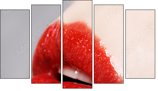 Beautiful female with red shiny lips close up - Five-piece canvas, Pentaptych