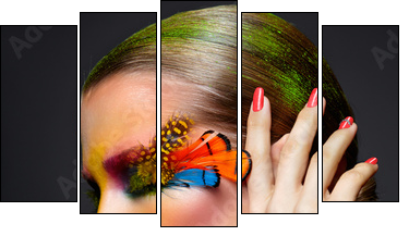 Woman with fashion feather eyelashes make-up - Five-piece canvas, Pentaptych
