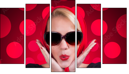 Pin-up girl over red polka-dot background - Five-piece canvas, Pentaptych
