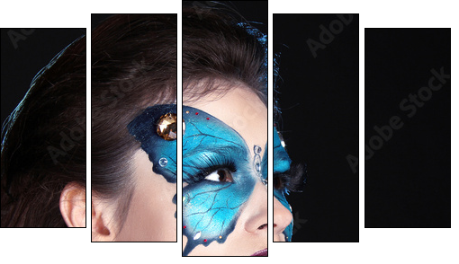 Face art portrait. Fashion Make up. Butterfly makeup on face bea - Five-piece canvas, Pentaptych