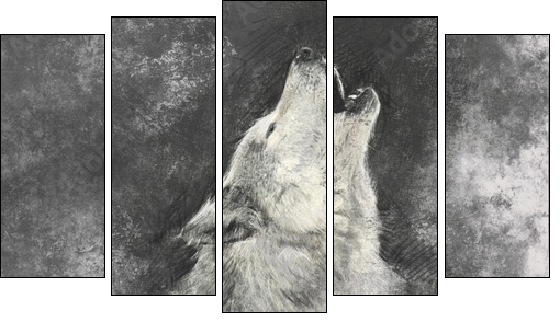 Wolf, handmade illustration on grey background - Five-piece canvas, Pentaptych