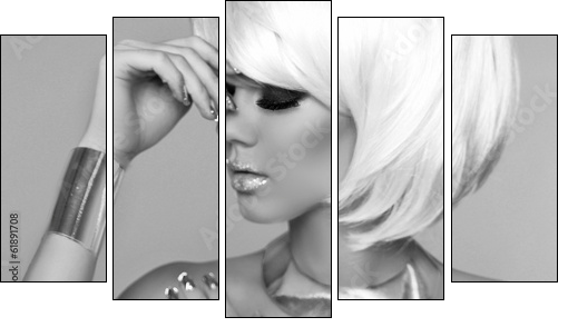 Fashion Blond Girl. Beauty Portrait Woman. Makeup. White Short H - Five-piece canvas, Pentaptych