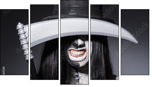 Woman in halloween concept with scythe - Five-piece canvas, Pentaptych
