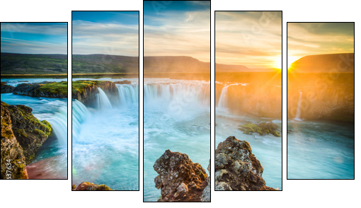 Iceland, Godafoss at sunset, beautiful waterfall, long exposure - Five-piece canvas, Pentaptych