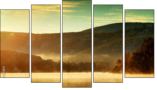 Beautiful autumn landscape, the lake in the morning fog - Five-piece canvas, Pentaptych