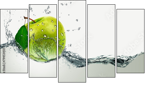 Green Apple amid splashing water. - Five-piece canvas, Pentaptych