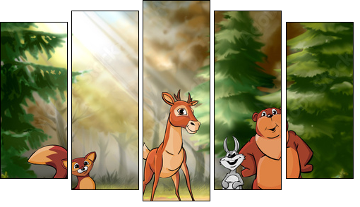 Forest animals are on the field - Five-piece canvas, Pentaptych