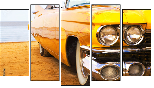 Classic yellow flame painted Cadillac at beach - Five-piece canvas, Pentaptych
