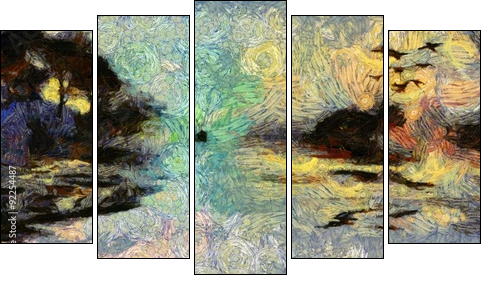 Vivid Swirling Painting of Islands Sunset or Sunrise - Five-piece canvas, Pentaptych